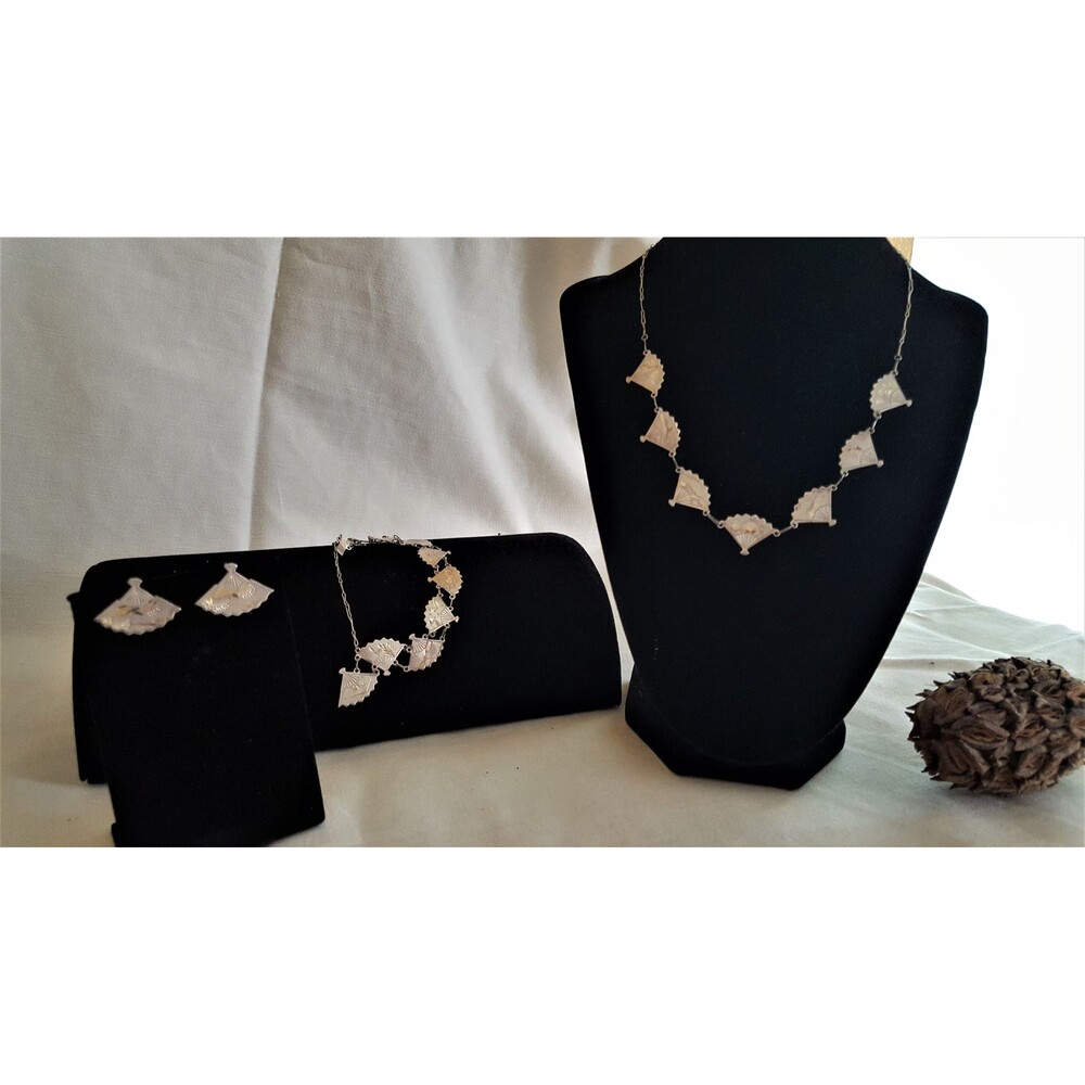 Japanese Amita Damascene Fans marked SILVER necklace, bracelet & earrings set